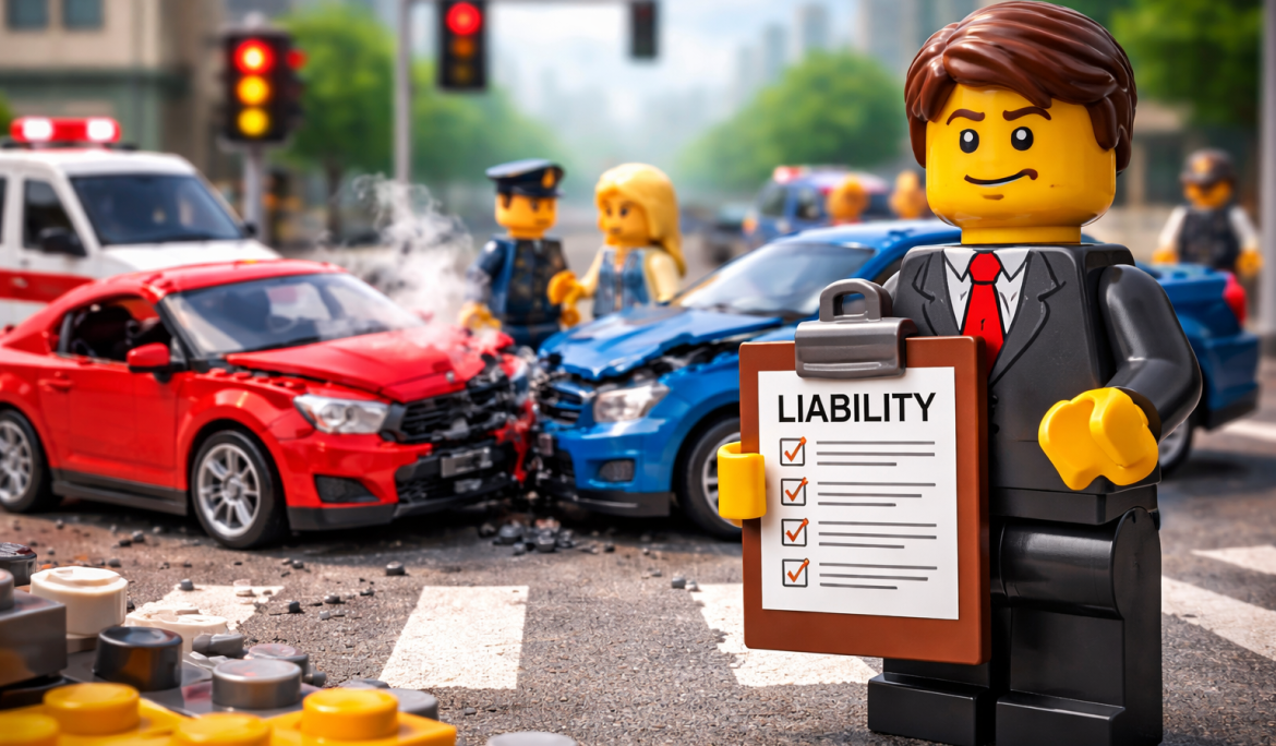 LEGO-style illustration showing an accident lawyer assessing car accident liability after a vehicle collision