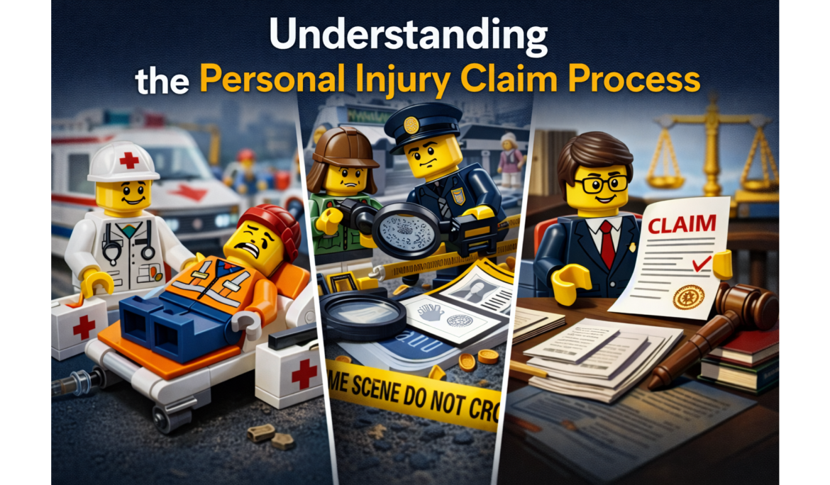 LEGO-style illustration showing the personal injury claim process from medical treatment to investigation and legal review