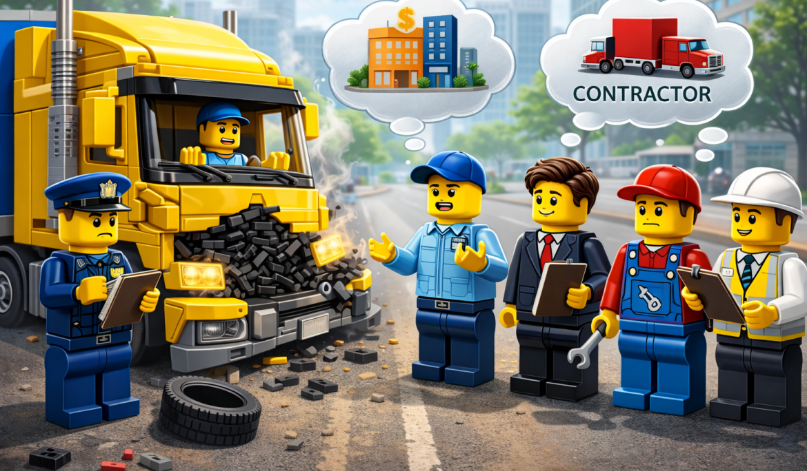 LEGO-style truck accident scene with multiple parties discussing liability after a commercial truck crash