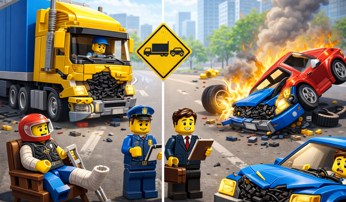LEGO-style illustration comparing a truck accident and a car accident with legal investigation elements