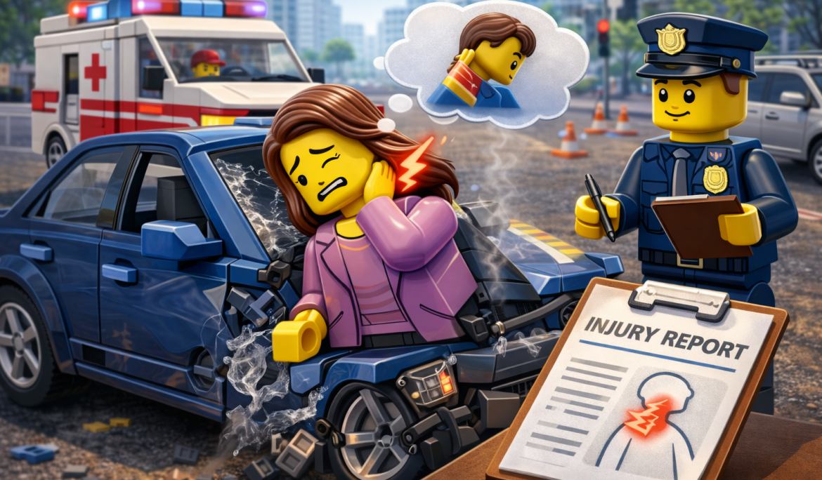 LEGO-style illustration of car accident victim experiencing whiplash injury with police report
