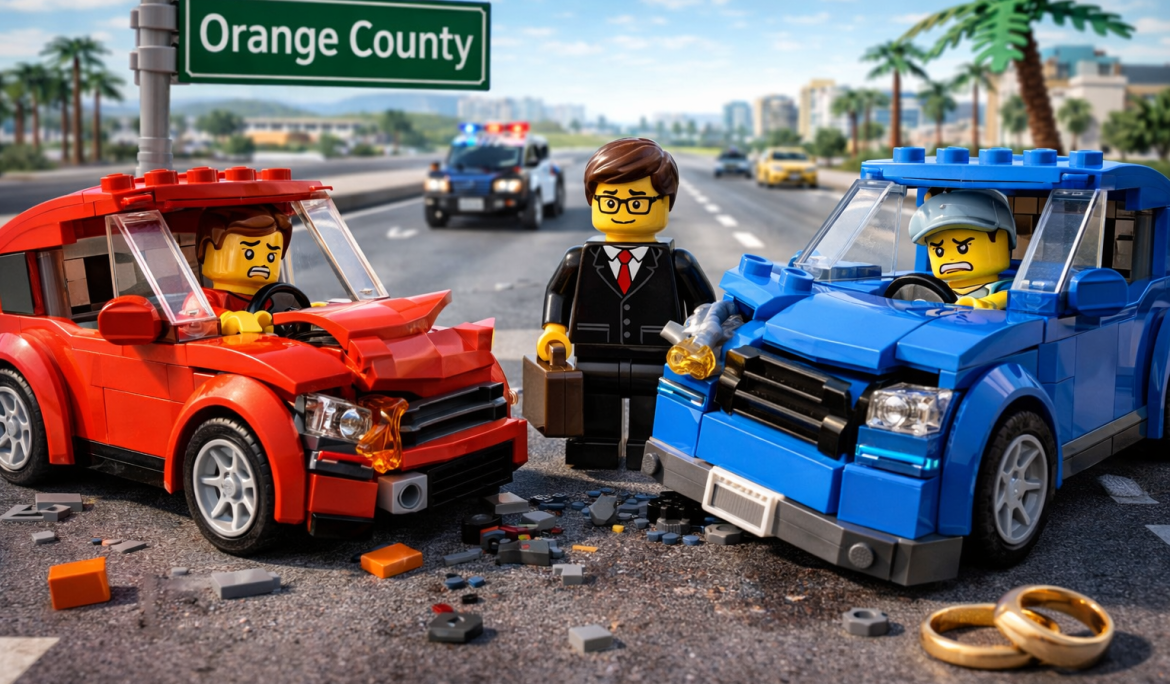 LEGO style car accident scene with lawyer and police in Orange County representing legal help after a crash