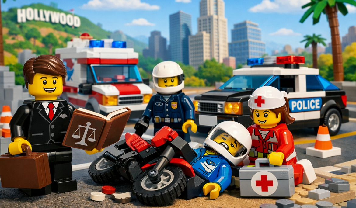 LEGO style motorcycle accident scene with lawyer, police, and injured rider in Los Angeles city background